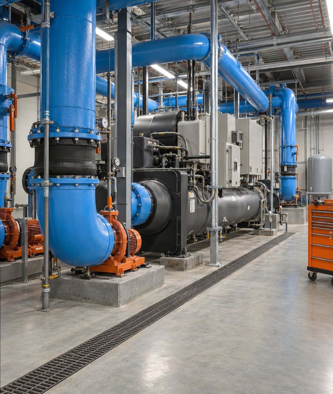 Illustrative HVAC scene: A clean mechanical plant room with a chiller, insulated blue chilled-water piping and pumps under bright overhead light