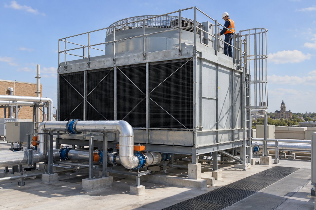 Illustrative HVAC scene: A cooling tower on the flat roof of a larger commercial building, a technician inspecting its fan deck