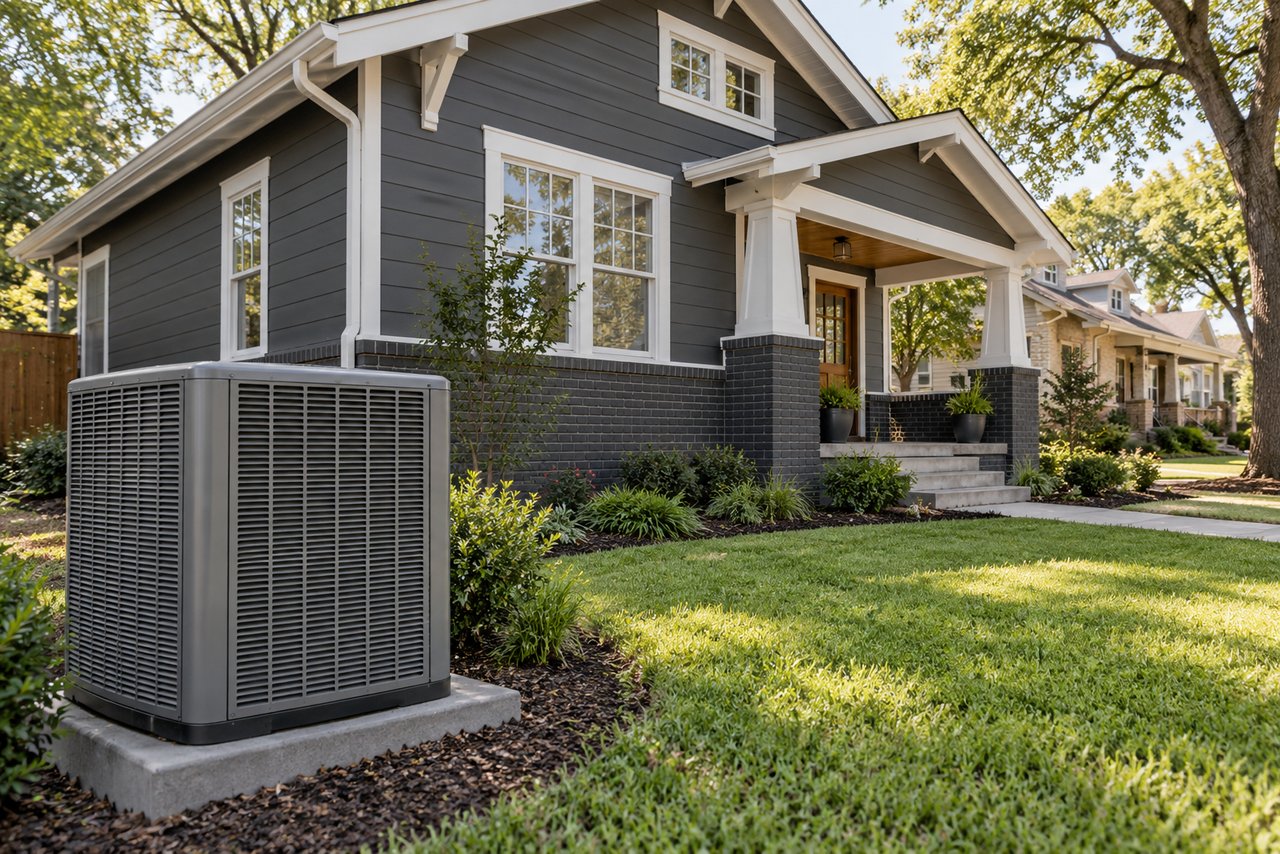 Illustrative HVAC scene: A craftsman bungalow on a tree-lined Denton street, the outdoor AC unit tucked at the side