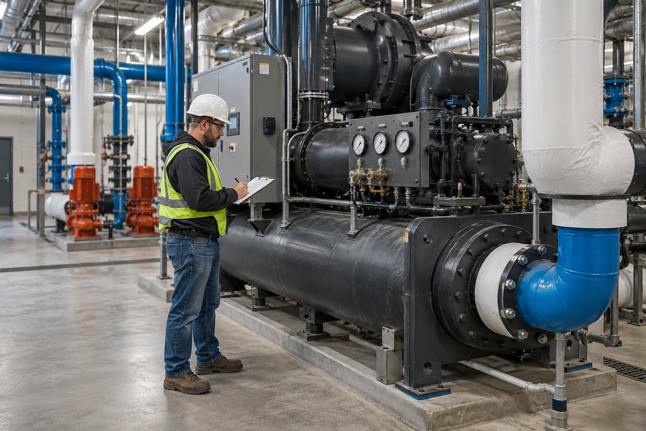 Illustrative HVAC scene: A technician reading the gauges on a chiller in a plant room, a clipboard in hand
