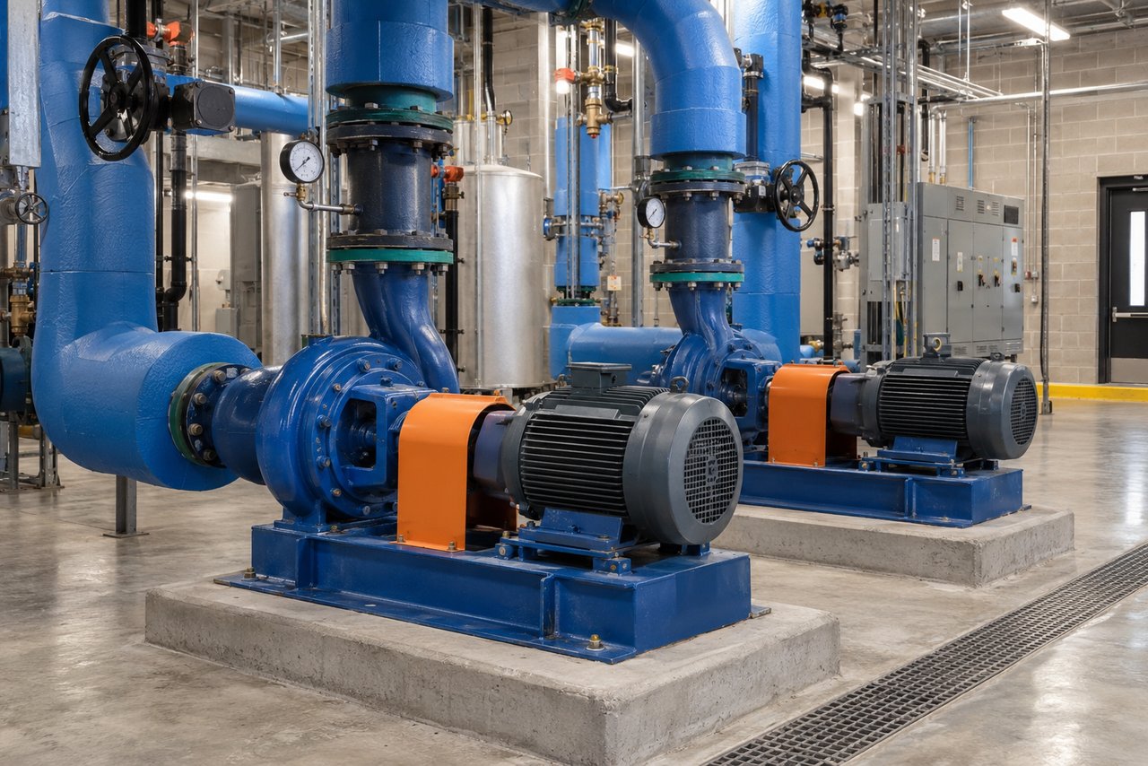 Illustrative HVAC scene: A pair of chilled-water pumps on concrete bases with insulated blue piping and valves