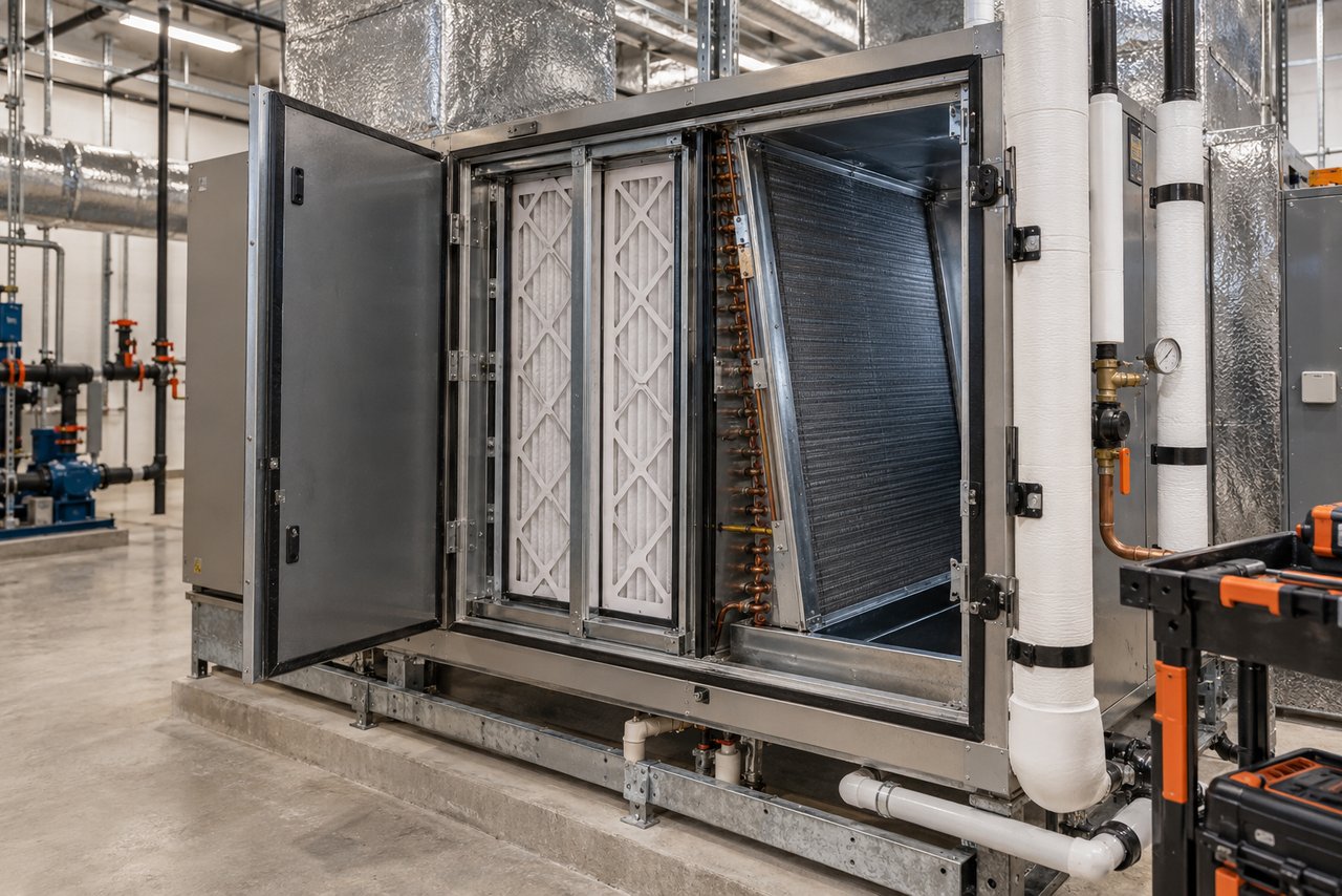 Illustrative HVAC scene: An air handler in a mechanical room with its access door open, showing the coil and filters