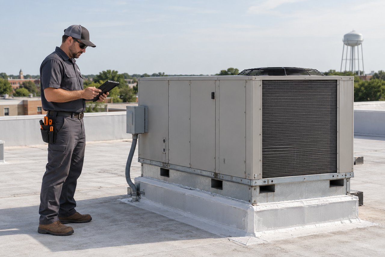 Illustrative HVAC scene: A technician servicing a rooftop unit on a low office building in south Denton, a water tower on the horizon
