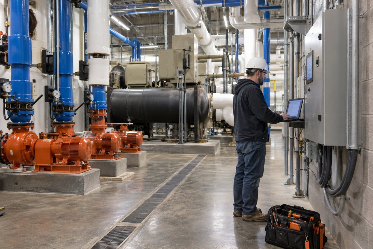 Illustrative HVAC scene: A technician with a laptop connected to a building controls panel on a mechanical room wall, screens unreadable