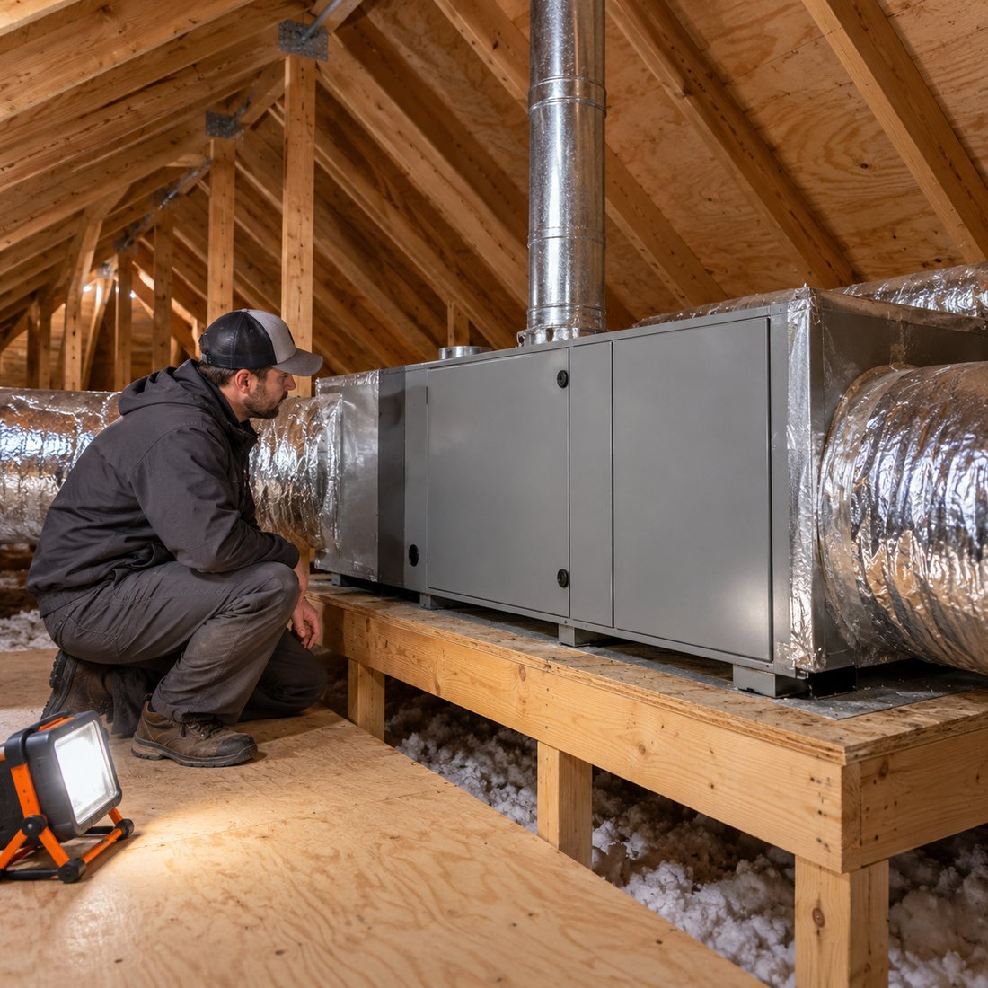 Illustrative HVAC scene: A technician servicing a gas furnace on an attic platform, a work light on