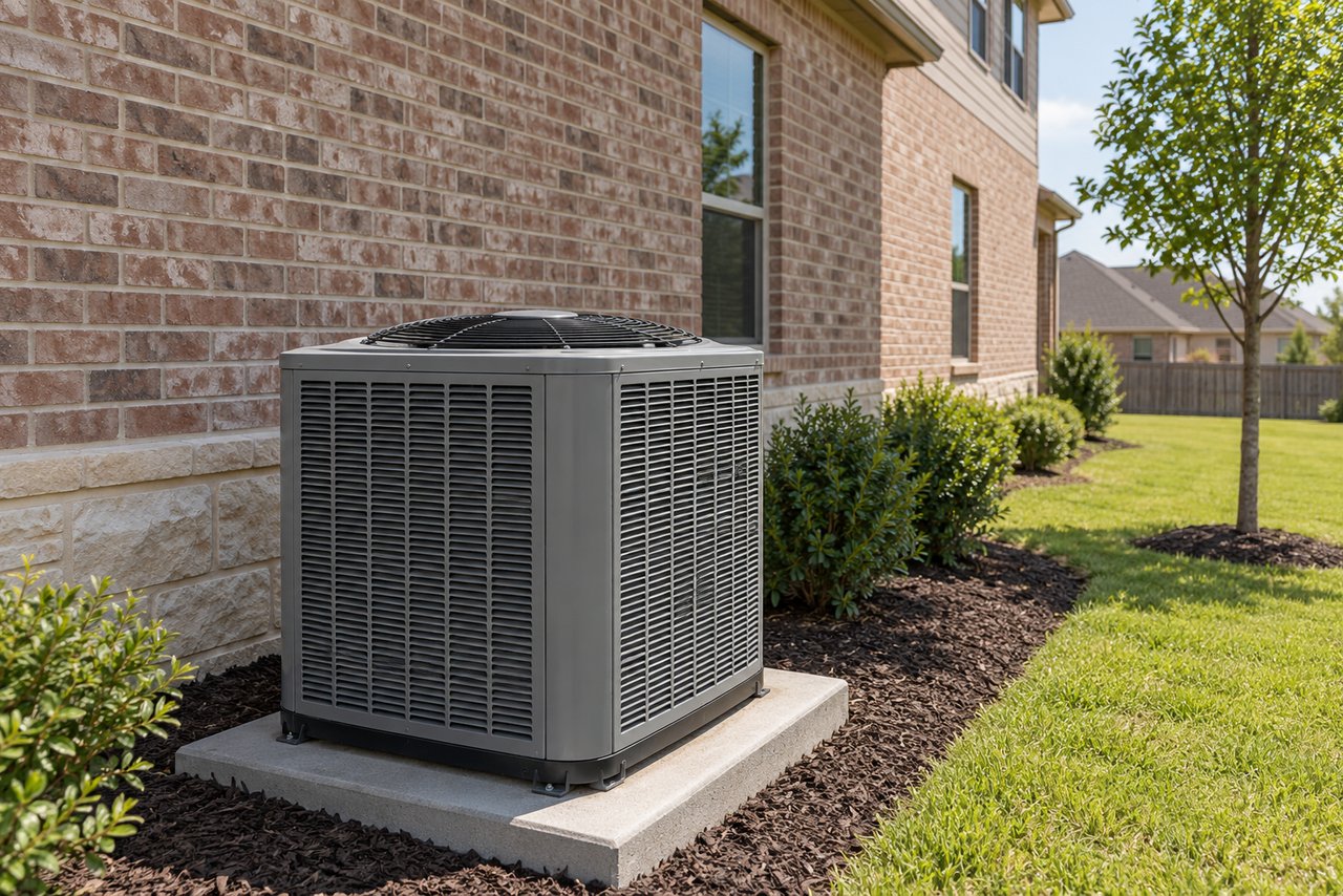 Illustrative HVAC scene: A heat pump on a pad beside a brick two-storey house in Corinth, a young tree in the yard