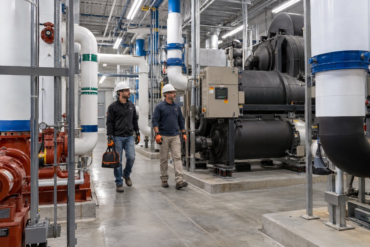 Illustrative HVAC scene: Two technicians walking through a plant room between insulated pipes, one carrying a toolbag