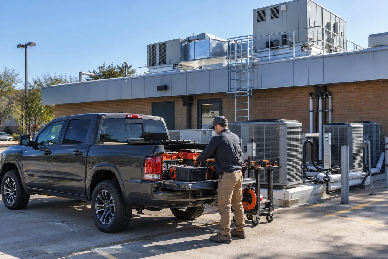 Illustrative HVAC scene: An unmarked charcoal-grey service truck parked outside a low commercial building in south Denton